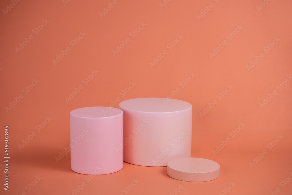 Poster empty podium for display cosmetic product. platform arrangement in pink pastel color in trendy minim