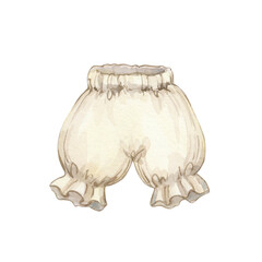 Watercolor illustration with vintage pantaloon pants for a newborn. Clipart isolated on white background.