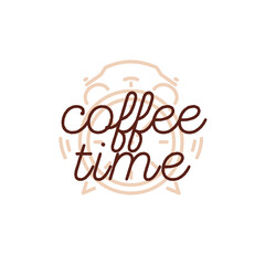 Coffee shop logo with clock brown color line style and sign coffee time isolated on background for cafe, shop, house, market, menu, restaurant. Labels, badges and branding objects. Vector illustration