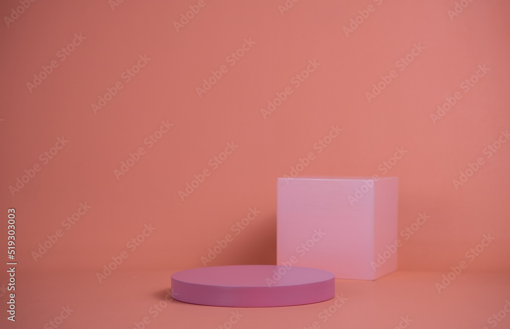Poster empty podium for display cosmetic product. platform arrangement in pink pastel color in trendy minim
