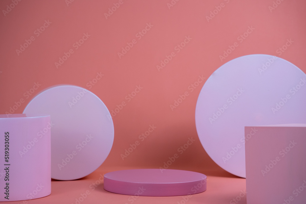 Poster empty podium for display cosmetic product. platform arrangement in pink pastel color in trendy minim