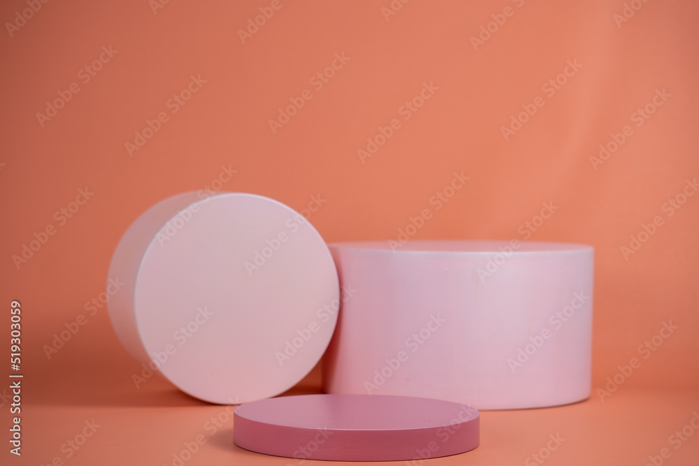 Poster empty podium for display cosmetic product. platform arrangement in pink pastel color in trendy minim