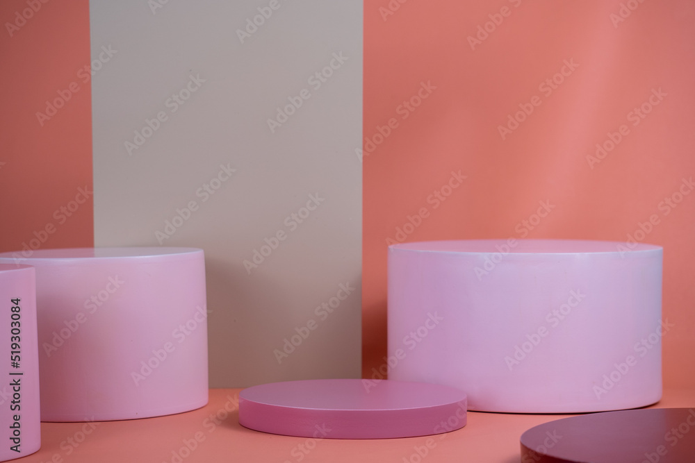 Poster empty podium for display cosmetic product. platform arrangement in pink pastel color in trendy minim