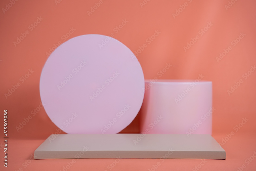 Poster empty podium for display cosmetic product. platform arrangement in pink pastel color in trendy minim