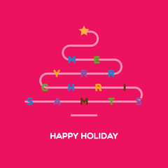 Christmas greeting card with christmas tree and sign Merry Christmas Happy Holiday on pink background for sale, product promotion, web design and marketing material. Vector Illustration