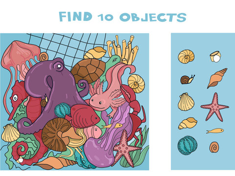 Find 10 hidden objects in the picture. Puzzle. Hidden objects. Vector illustration of sea animals.