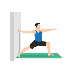 Yoga Man in Virabhadrasana 2 or Warrior II pose. Male cartoon character practicing Hatha yoga. Man demonstrating exercise during gymnastics training. Flat vector illustration.