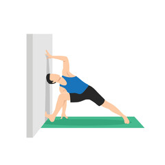 Man doing Revolved side angle pose parivrtta parsvakonasana to the wall exercise. Flat vector illustration isolated on white background