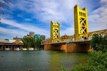 Gold Tower Bridge and Sacramento River in Sacramento, California