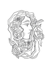 Hand drawing coloring pages for children and adults. Coloring book with beautiful girl, face and flowers. Vector.