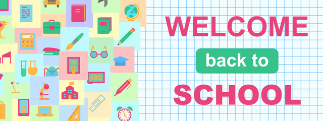 welcome to school banner with education supplies colorful style such us bag, bus, book, phone, pen, chalckboard on checkered background for poster, party, super sale offer. vector Illustration 10 eps