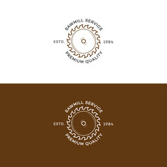 Set of sawmill service logo with saw isolated on background for carpentry service and woodwork label. Stamps, banners and design elements. Wood work and manufacture label template. Vector illustration