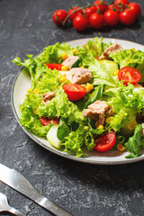 Tuna Fish Salad with Lettuce, Cherry Tomatoes, Cucumber and Corn on stone background
