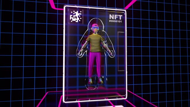 Looped presentation of NFT Ape avatar. NFT 3d bored ape in plastic box neon background. Digital art loop. In-game character for metaverse. Non-fungible Token.