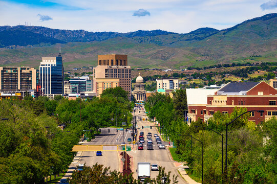 Downtown Boise, Idaho, with Capitol Blvd leading to the Idaho State Capitol