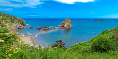 Islote de los Picones, Beach of Castiellu, Cantabrian Sea, Pendueles, Llanes, Asturias, Spain,...