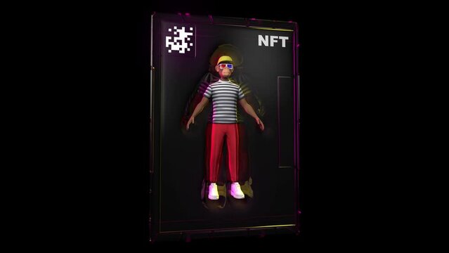 Looped isolated presentation of NFT Ape avatar. NFT 3d bored ape in plastic box on black background. Digital art loop. In-game character for metaverse. Non-fungible Token.