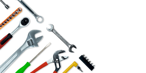 Topview of Different Work Tools on White Background- Stock Photo