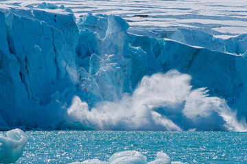 Ice Calving, Deep Blue Glacier, 14 of July Glacier, Krossfjord, Arctic, Spitsbergen, Svalbard,...
