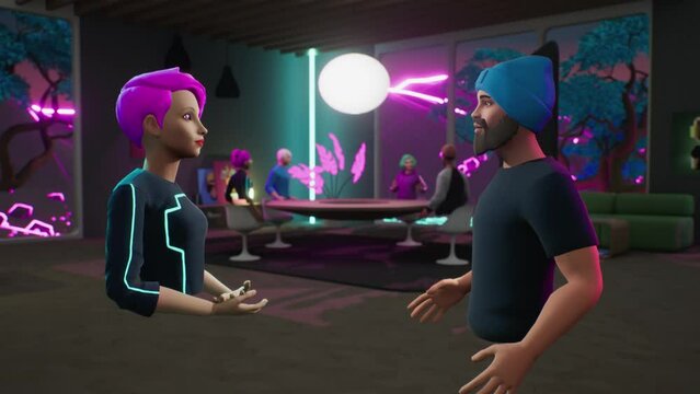 People communicate in the metaverse. Employees meet and talk in a virtual office meeting room neon environment. VR work space with NFT pictures and 3d furniture.