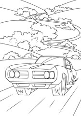 Muscle car rides on the road against the backdrop of nature. Funny coloring book for boys. Vector illustration