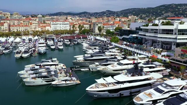 Cannes. Aerial view of the beautiful port with yachts, 
Cannes Yachting Festival - September 2021