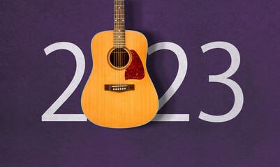 happy new year 2023. year 2023 with Acoustic guitar
