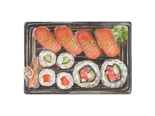 Watercolor plate with japanese food - sushi, rolls with salmon, tuna, wasabi. Asian cuisine, dish for restaurant.