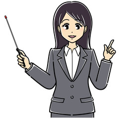 指示棒を持つスーツの女性（上半身・正面）