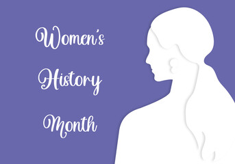 Women's History Month. Silhouette of a woman with long hair on a purple horizontal background in paper art style.