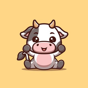 Cow Sitting Excited Cute Creative Kawaii Cartoon Mascot Logo