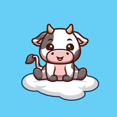 Obraz na płótnie Canvas Cow Sitting On Cloud Cute Creative Kawaii Cartoon Mascot Logo