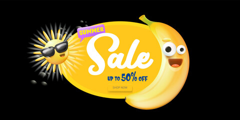 Summer sale funny horizontal banner with cartoon sun and funky banana character isolated on black background with lights. Vector 3d horizontal summer hot sale poster, flyer, banner, tag and background