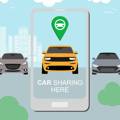 renting and carpooling banner on city background. rental auto service. carsharing concept with smartphone and car sharing app. automobile banner. vector Illustration 10 eps