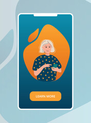 A white happy  woman use smartphone flat. Smartphone screen template. Mobile internet communication, social media chatting, instant messaging. Vector illustration for blogging, website, mobile app