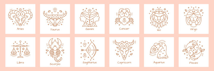 Zodiac astrology horoscope signs design vector illustrations set. Elegant astrological constellations line design symbols and icons of esoteric zodiacal horoscope templates for wall print or logo.