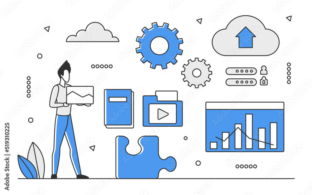 Poster database technology storage access. cloud based information, big data center vector monocolor illust