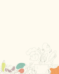 Chef cooks vegetables in the pan sketchy illustration background for recipes or menu designs. Farm organic vegetables banner. Hand drawn healthy food.