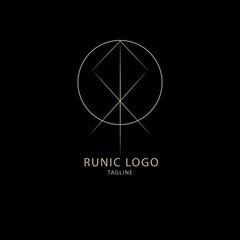 Vector runic logo of geometric elements, rune othala, gebo, teivaz. Sacred round symbol of leadership, victory, useful connections and good luck. Emblem for design, esoteric, tattoo, astrology, yoga