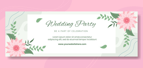 Floral Wedding Cover Template Flat Cartoon Background Vector Illustration