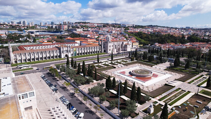 Aerial view of the Monastery of Jeronimos (or the Royal Monastery of Saint Mary of Belém), was founded by King D. Manuel I in the beginning of the 16th century in Lisbon, Portugal. - obrazy, fototapety, plakaty