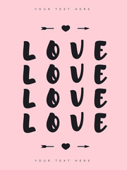 Valentines greeting card with sign love on pink background for special offer, party poster, banner sale, promotion, stamp, label, tag, decoration, quote. Vector Illustration