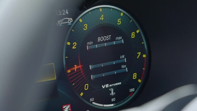 Sports Car Dashboard Car Revs - Closeup of the Dashboard with the Steering Wheel in Foreground