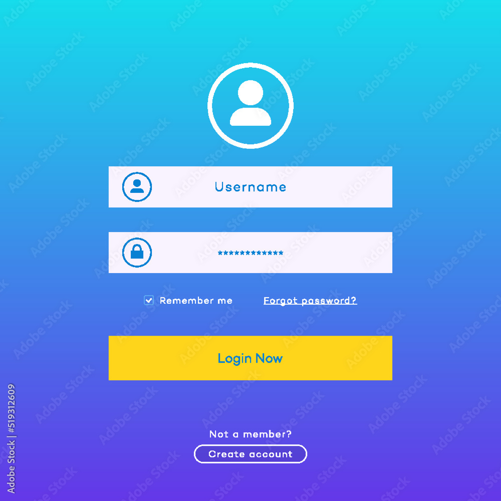 Wall mural login form page template on modern gradient background for website ui elements, online registration,