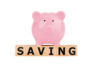 Pink piggy bank isolated on white background. Money saving concept