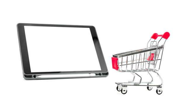 Shopping cart on tablet isolated on white background, suitable for marketing and online shopping concept.