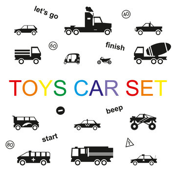 Kids toys car set black color isolated on white background for game, decoration children party, scrapbooking, pattern, printing on fabric, gift wrap, sale, promotion. Transport vector 10 eps