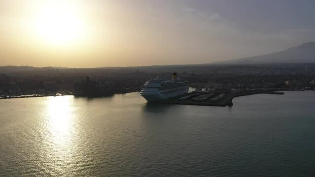 Large cruise ship docked in Spain, Beautiful horizon for the Tourists Traveling With the Boat