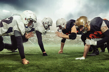 Professional male american football players getting ready to start game during sport match on sky background at stadium with flashlights. Collage