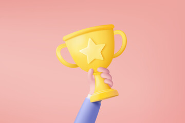 3d celebrate winners with golden cup, prize winners stars in holding hand. Award ceremony concept on pedestal with cartoon style. 3d trophy icon vector render illustration isolated on pink background - obrazy, fototapety, plakaty